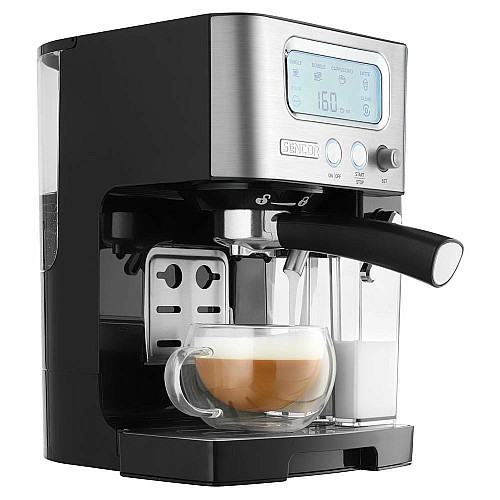 Кофеварка Sencor рожковая 1.4л, молотая, автоматический капучинатор, LCD-дисплей, нерж. сталь-черный
