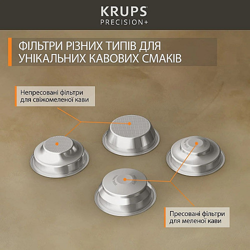 Кавоварка Krups ріжкова Precision+, 3.5л, вдубована кавомолка, ручний капучинатор, 15 бар, чорний-сірий