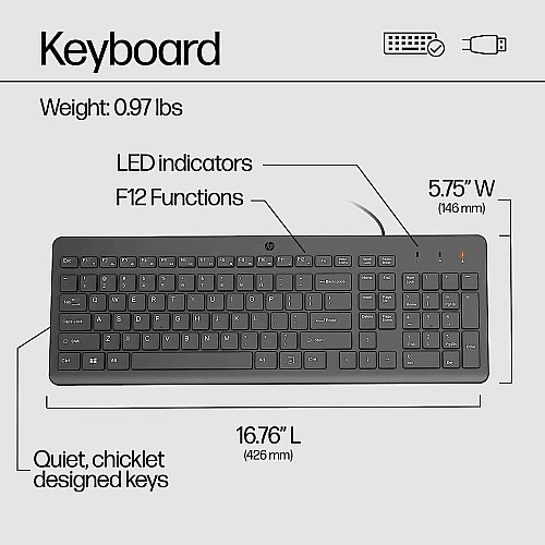Клавіатура мембранна HP 150, 104key, USB-A, EN/RU, чорний