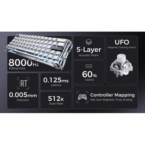 Клавіатура магнітна GravaStar Mercury V60 Pro 60keys, GravaStar Blackcore, USB-A, 8k, RGB, Chrome Silver