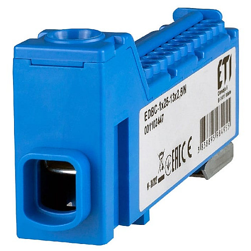 Блок розподільчий ETI, EDBC-1x25-13x2,5/N (63A, 1000V AC/1500V DC, IN: 1x25, OUT: 13x2,5; синій)