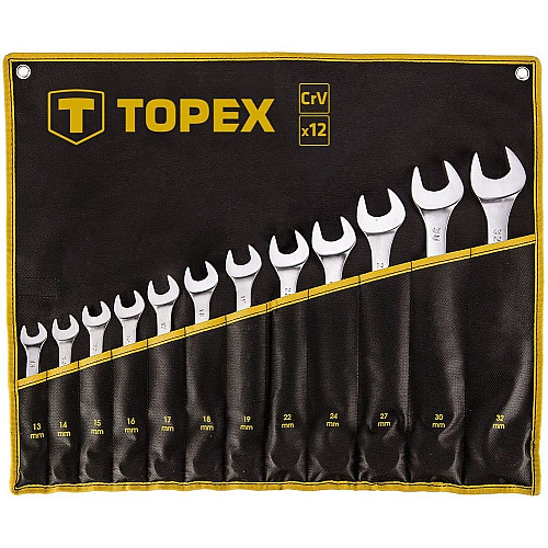 Ключи гаечные TOPEX, комбинированные, 13-32мм, CrV, чехол-скручивание, набор 12шт.