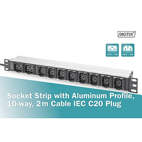 Пристрій розподілу електроживлення DIGITUS 1U, 8xC13, 2xC19, 16A, 250V, вилка C20