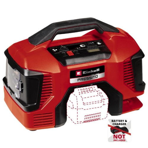 Компресор повітряний Einhell PRESSITO 18/21, акумуляторний 18В PXC, до 14л/хв, 10.5бар, вис. і низьк. тиск, 2.06кг без АКБ та ЗП