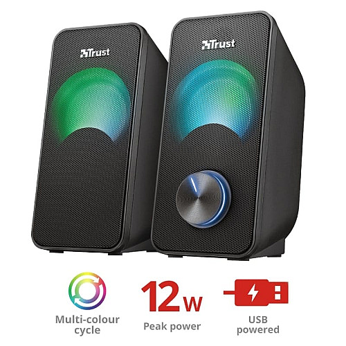 Акустична система Trust Arys 2.0, 14Вт, USB/AUX, RGB, чорний