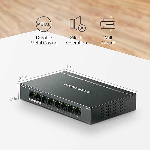Комутатор MERCUSYS MS108GP 8xGE (7xPoE), 65Вт, Некерований