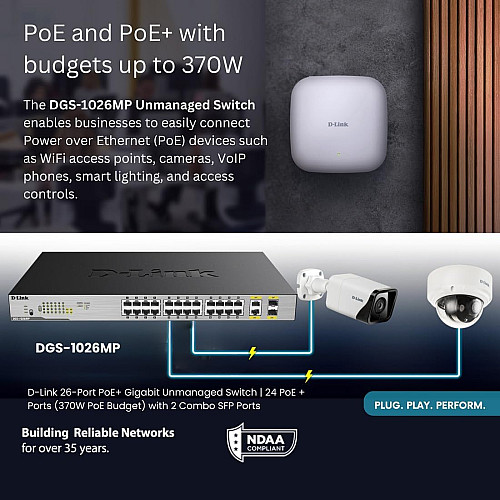 Комутатор D-Link DGS-1026MP 24x1GE c PoE, 2xSFP/GE, 370W