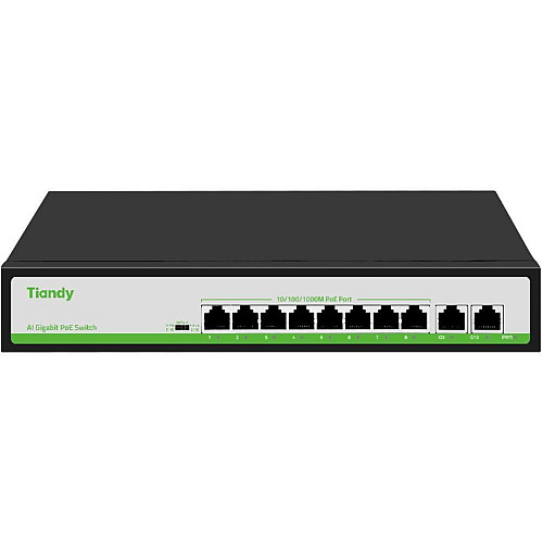 Комутатор Tiandy TC-P3S010 Spec: H/0820/AT/90, 8х10/100Mbps PoE Ports + 2х100/1000Mbps RJ45 Uplink Ports