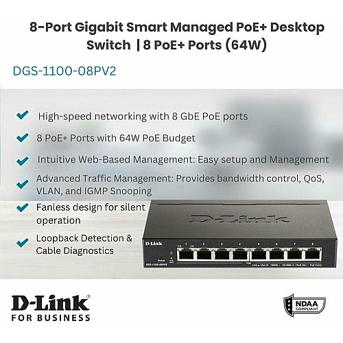 Коммутатор D-Link DGS-1100-08PV2 8xGE PoE 64Вт, EasySmart