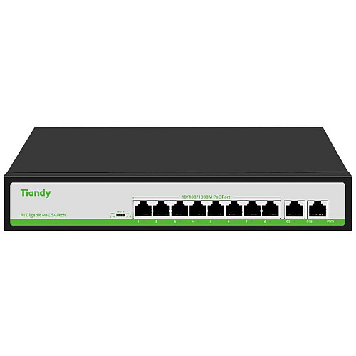 Комутатор Tiandy TC-P3S010 Spec: H/0820/AT/90, 8х10/100Mbps PoE Ports + 2х100/1000Mbps RJ45 Uplink Ports