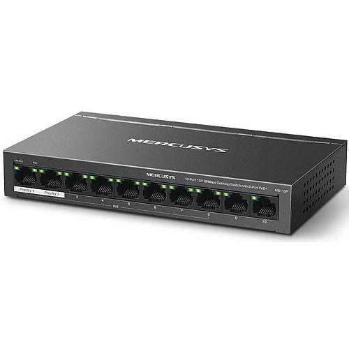 Коммутатор MERCUSYS MS110P 10xFE (8xPoE), 65Вт, Неуправляемый