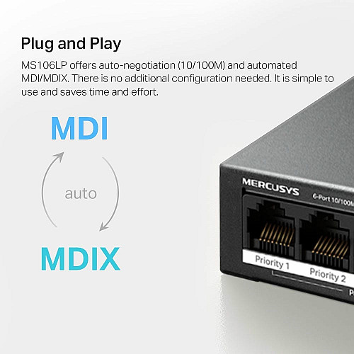 Комутатор MERCUSYS MS106LP 6xFE (4xPoE), 40Вт, Некерований
