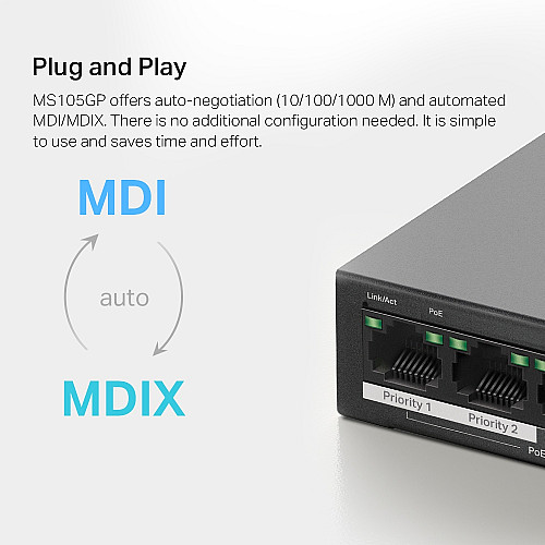 Комутатор MERCUSYS MS105GP 5xGE (4xPoE), 65Вт, Некерований