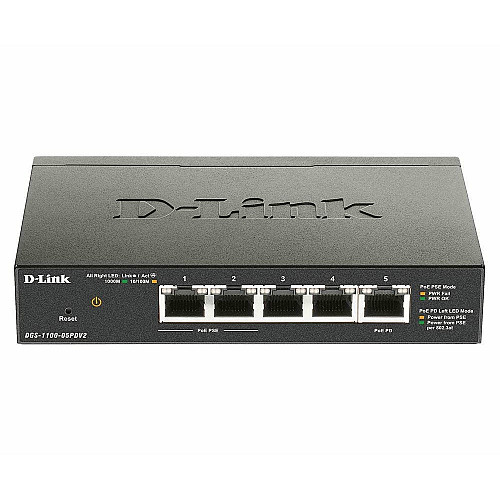 Комутатор D-Link DGS-1100-05PD 5xGE, (2xGE, 2xGE PoE, 1xGE PD), EasySmart