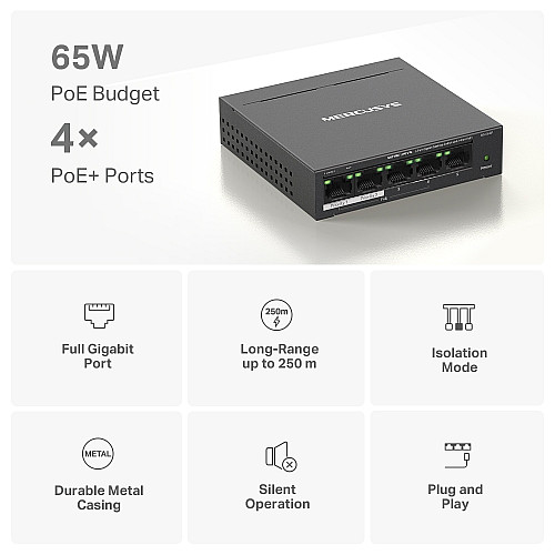 Комутатор MERCUSYS MS105GP 5xGE (4xPoE), 65Вт, Некерований