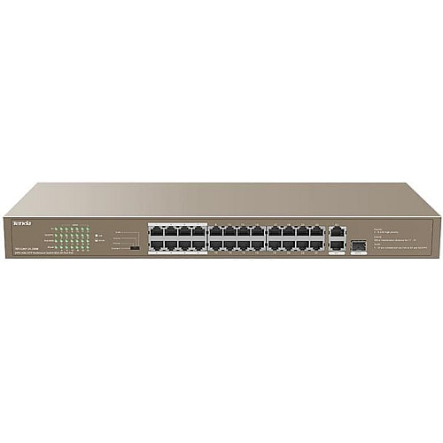 Комутатор TENDA TEF1126P-24-250W 24xFE PoE, 2xGE, 1xSFP/GE, Некерований