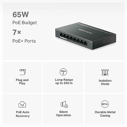 Комутатор MERCUSYS MS108GP 8xGE (7xPoE), 65Вт, Некерований