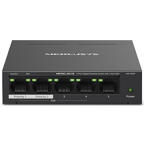 Комутатор MERCUSYS MS105GP 5xGE (4xPoE), 65Вт, Некерований