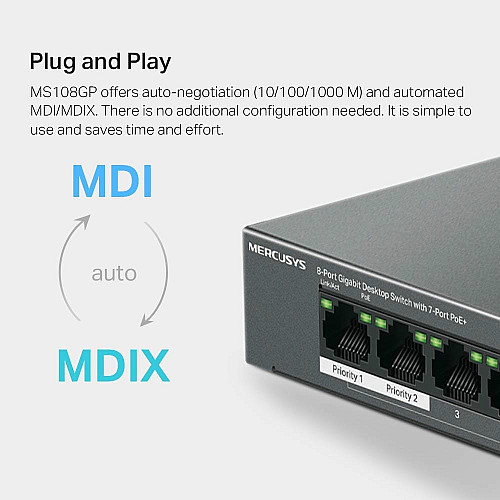 Комутатор MERCUSYS MS108GP 8xGE (7xPoE), 65Вт, Некерований