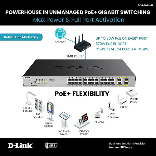 Комутатор D-Link DGS-1026MP 24x1GE c PoE, 2xSFP/GE, 370W