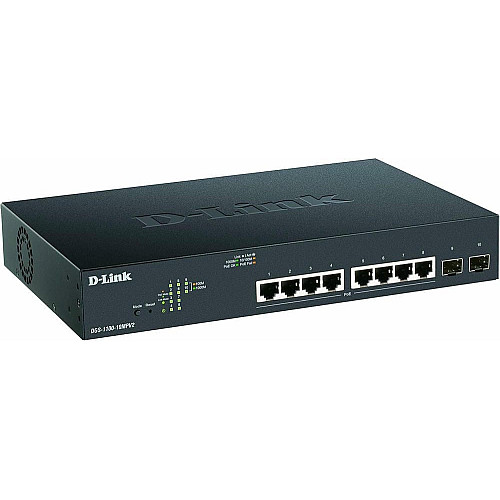 Комутатор D-Link DGS-1100-10MPV2 8xGE PoE 2xSFP, 130Вт, EasySmart