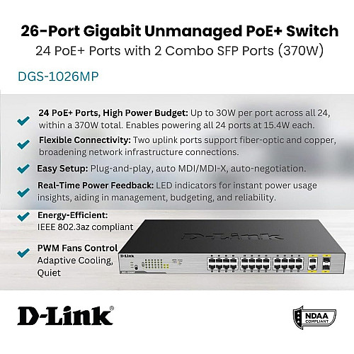 Комутатор D-Link DGS-1026MP 24x1GE c PoE, 2xSFP/GE, 370W