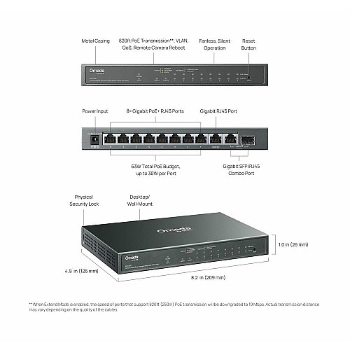 Коммутатор TP-LINK ES210GP 9xGE (8xPoE), 1xSFP/RJ45. 63W, WebSmart