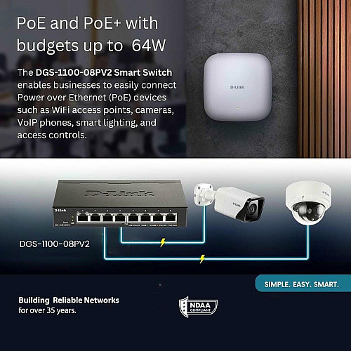 Коммутатор D-Link DGS-1100-08PV2 8xGE PoE 64Вт, EasySmart