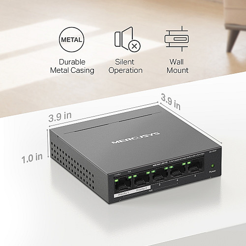 Комутатор MERCUSYS MS105GP 5xGE (4xPoE), 65Вт, Некерований