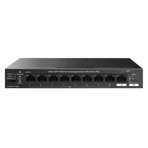 Комутатор TENDA TEG1110PF-8-120W 8xGE PoE, 1xGE, 1xSFP, Некерований