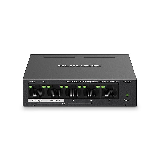 Комутатор MERCUSYS MS105GP 5xGE (4xPoE), 65Вт, Некерований