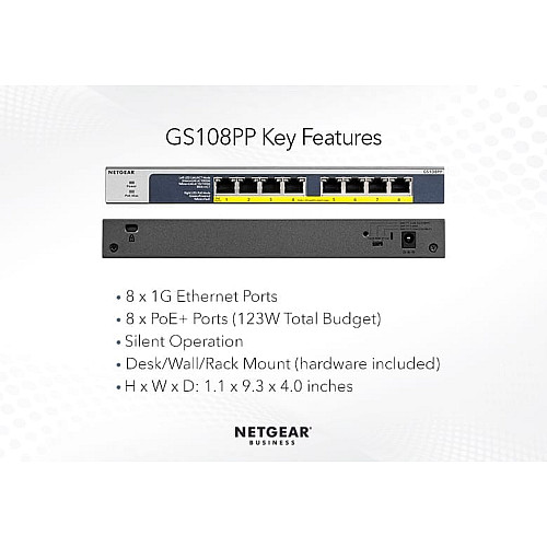 Комутатор NETGEAR GS108PP 8xGE PoE, 123Вт, Некерований
