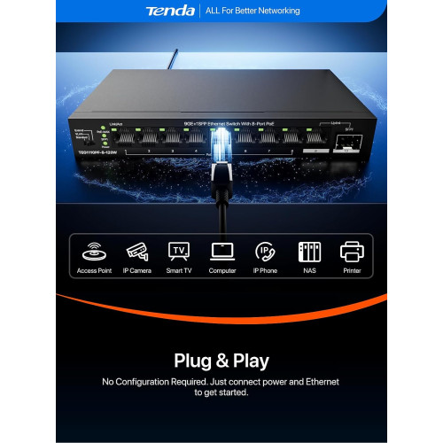 Комутатор TENDA TEG1110PF-8-120W 8xGE PoE, 1xGE, 1xSFP, Некерований
