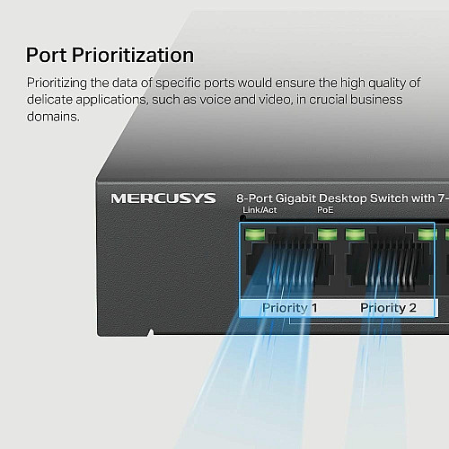 Комутатор MERCUSYS MS108GP 8xGE (7xPoE), 65Вт, Некерований