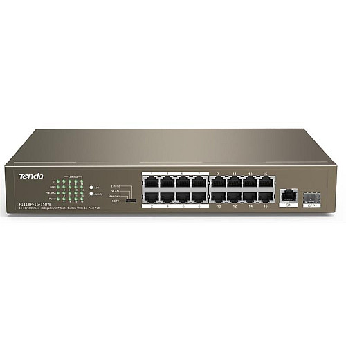 Комутатор TENDA TEF1118P-16-150W 16xFE PoE, 1xGE, 1xSFP