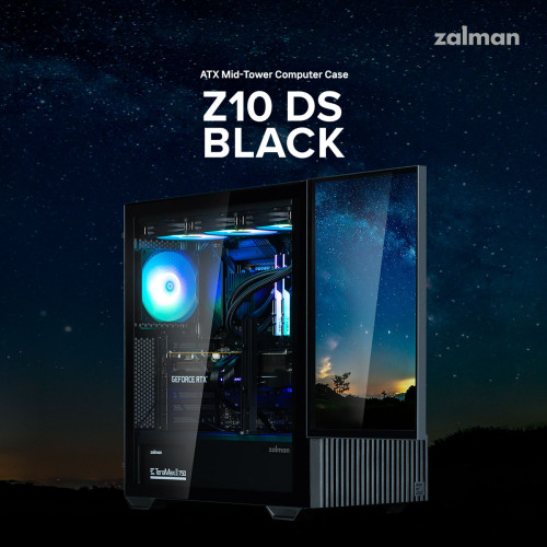 Корпус Zalman Z10 DS, без БЖ, 2xUSB3.0, 1хUSB Type-C, 2х120мм, 1x120мм ARGB, TG Side Panel, ATX, Monitor, чорний
