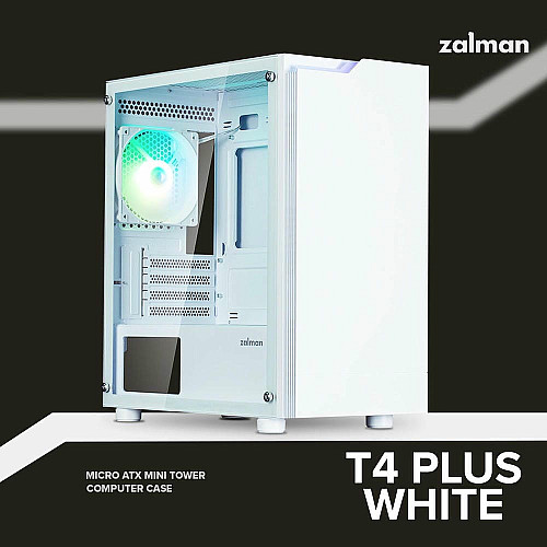 Корпус Zalman T4 Plus без БП, 2xUSB3.0, 1xUSB2.0, 1x120мм ARGB, VGA 3200мм, LCS ready, TG Side Panel, mATX, белый