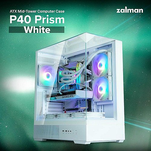 Корпус Zalman P40 Prism без БП, 2xUSB3.0, 1xUSBType-C, 1x120мм ARGB, VGA 420мм, LCS ready, TG 3x Panels, ATX, белый