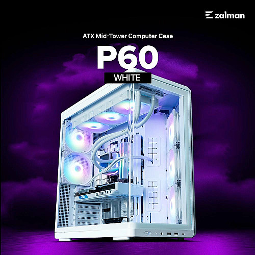 Корпус Zalman P60 без БП, 2xUSB3.0, 1x Type C, 3x120мм ARGB Reverse, 2x120мм ARGB, VGA 435мм, LCS ready, Curved Tempered Glass, Dual Chamber, ATX, белый