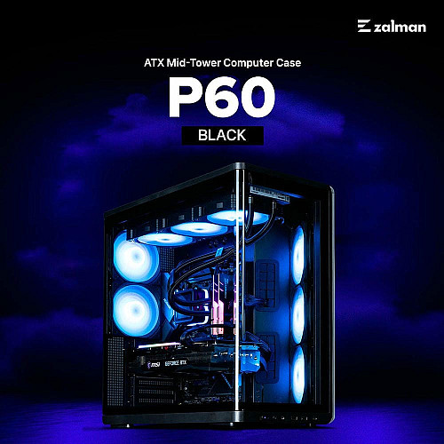 Корпус Zalman P60 без БП, 2xUSB3.0, 1x Type C, 3x120мм ARGB Reverse, 2x120мм ARGB, VGA 435мм, LCS ready, Curved Tempered Glass, Dual Chamber, ATX, черный