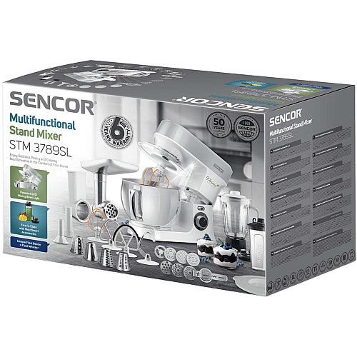 Кухонна машина Sencor 1200Вт, чаша-метал, корпус-пластик, насадок-19, білий