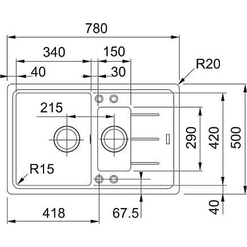 Мойка кухонная Franke Basis, фрагранит, прямоугольник, с крылом, 780х500х200мм, чаша – 1,5, врезная, BFG 651-78, черный матовый