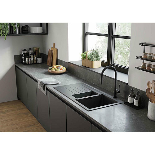 Мойка кухонная Hansgrohe S52, гранит, прямоугольник, с крылом, 980х480х190мм, чаша – 1.5, накладная, S520-F530, черный графит
