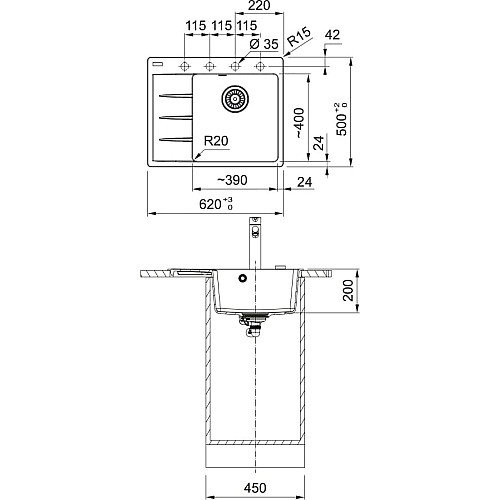 Мойка кухонная Franke Centro, фрагранит, прямоугольник, с крылом, 620х500х200мм, чаша - 1, врезная, CNG 611-62 TL, серый камень