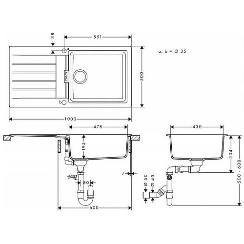 Мойка кухонная Hansgrohe S52, гранит, прямоугольник, с крылом, 980х480х190мм, чаша – 1, врезная, S52-F480, серый камень