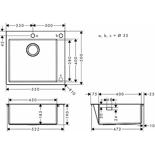 Мойка кухонная Hansgrohe S51, гранит, квадрат, без крыла, 560х510х190мм, чаша – 1, накладная, S510-F450, черный графит