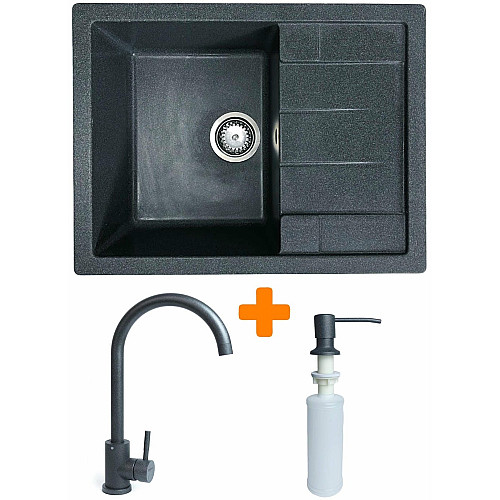 Набор кухонный Adamant Anila, искусственный камень, прямоугольный, с крылом, 645х495х200мм, чаша - 1, врезная, графит + смеситель и дозатор