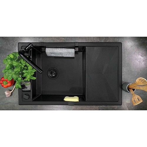 Мойка кухонная Deante Magnetic, гранит, прямоугольная, с крылом, 820х500х219мм, чаша - 1, накладная, черный матовый