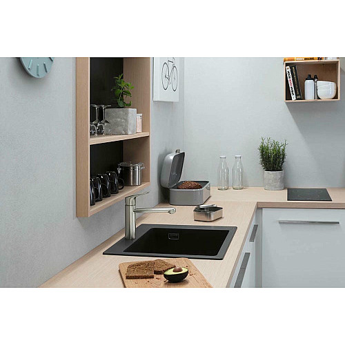 Мойка кухонная Hansgrohe S51, гранит, квадрат, без крыла, 560х510х190мм, чаша – 1, накладная, S510-F450, черный графит