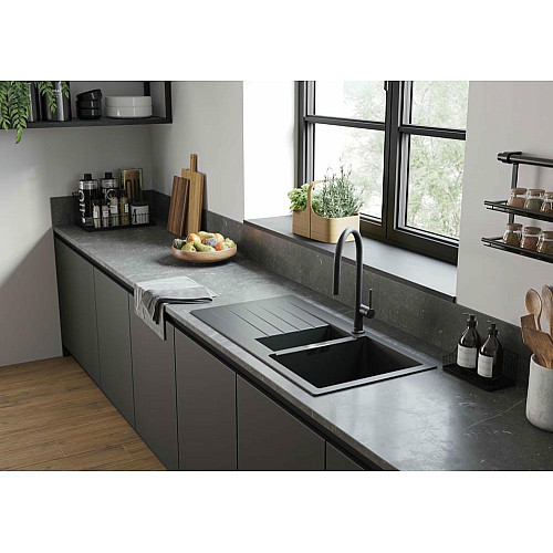 Мойка кухонная Hansgrohe S52, гранит, прямоугольник, с крылом, 980х480х190мм, чаша – 1.5, накладная, S520-F530, черный графит